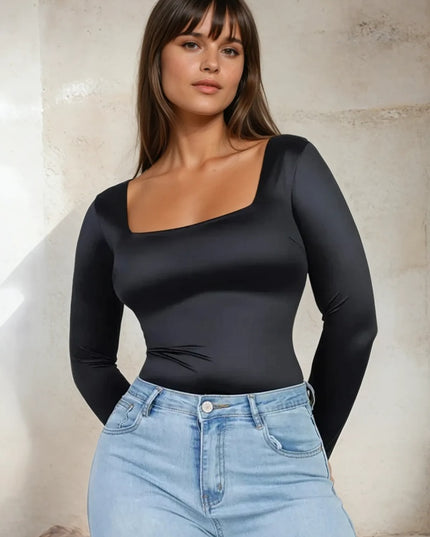 Body Modelator Tanga Elegant cu Maneca Lunga , Cu Gat Patrat Satin Negru / Black