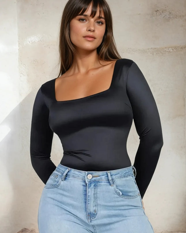 Body Modelator Tanga Elegant cu Maneca Lunga , Cu Gat Patrat Satin Negru / Black