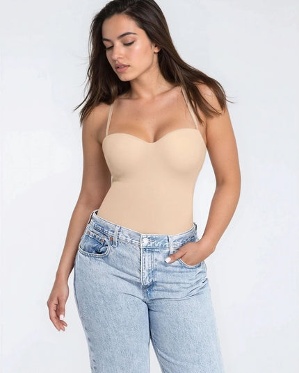 Body Tanga Modelator Dintr-o Singură Bucată, Tip Tanga cu Cupe Căptușite, Bretele Reglabile Detașabile, Talie Modelatoare, Nude / Bej