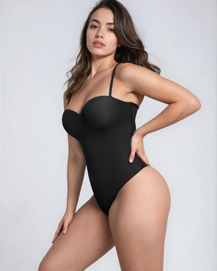 Body Tanga Modelator Dintr-o Singură Bucată, Tip Tanga cu Cupe Căptușite, Bretele Reglabile Detașabile, Talie Modelatoare, Negru