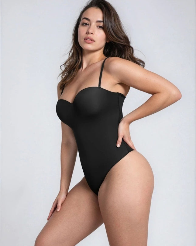 Body Tanga Modelator Dintr-o Singură Bucată, Tip Tanga cu Cupe Căptușite, Bretele Reglabile Detașabile, Talie Modelatoare, Negru