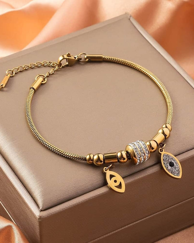 Bratara Aurie Charmuri Ochi Cu Pietricele Zirconia, Accesoriu De Lux Pentru Femei, Reglabila