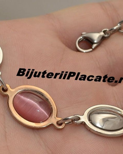 Bratara Auriu Si Argintiu Cu Piatra Roz