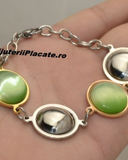 Bratara Auriu Si Argintiu Cu Piatra Verde
