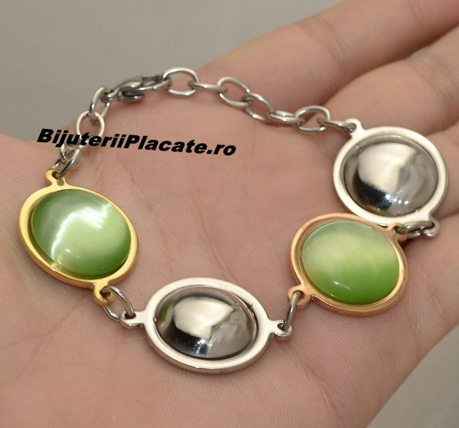 Bratara Auriu Si Argintiu Cu Piatra Verde