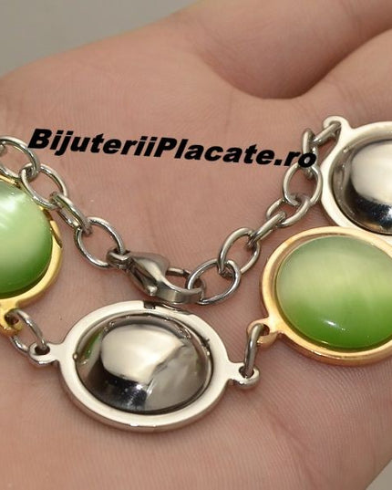 Bratara Auriu Si Argintiu Cu Piatra Verde