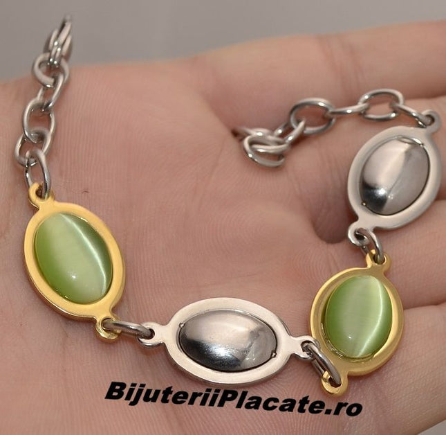 Bratara Auriu Si Argintiu Cu Piatra Verde