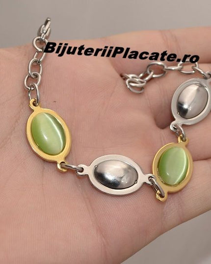 Bratara Auriu Si Argintiu Cu Piatra Verde
