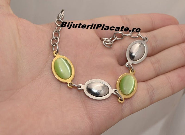 Bratara Auriu Si Argintiu Cu Piatra Verde