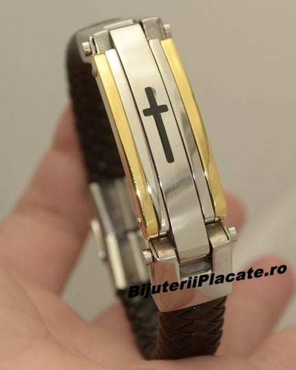 Bratara Barbati Din Inox Si Piele Impletita, Aurie, Cu Detalii Metalice , Design Modern Premium Cu Piele