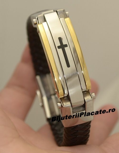 Bratara Barbati Din Inox Si Piele Impletita, Aurie, Cu Detalii Metalice , Design Modern Premium Cu Piele