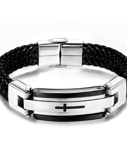 Bratara Barbati Din Inox Si Piele Impletita, Neagra, Cu Detalii Metalice Si Simbol Cruce, Design Modern Premium Cu Piele