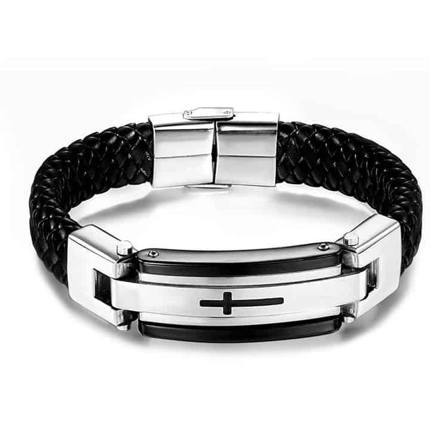 Bratara Barbati Din Inox Si Piele Impletita, Neagra, Cu Detalii Metalice Si Simbol Cruce, Design Modern Premium Cu Piele