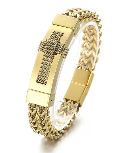 Bratara Barbati Inox Solida Model Cruce Placata Aur