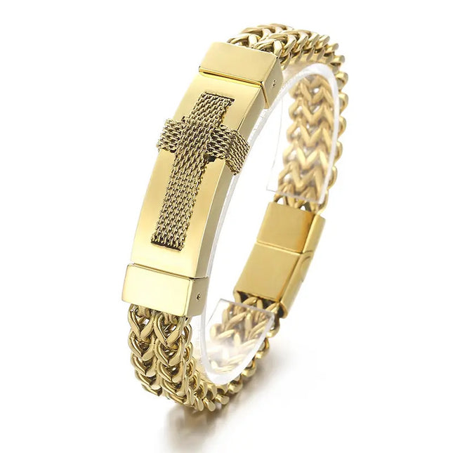 Bratara Barbati Inox Solida Model Cruce Placata Aur