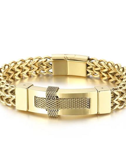 Bratara Barbati Inox Solida Model Cruce Placata Aur
