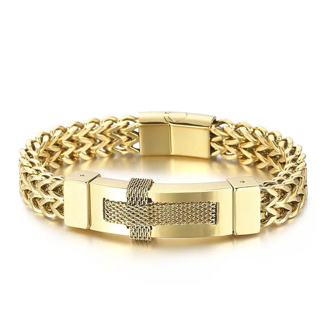 Bratara Barbati Inox Solida Model Cruce Placata Aur