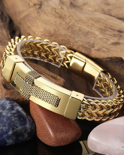 Bratara Barbati Inox Solida Model Cruce Placata Aur