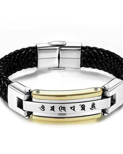 Bratara Barbati Piele Impletita Si Inox Cu Inscriptie Tibetana, Detalii Aurii, Catarama Magnetica, Accesoriu Masculin Modern