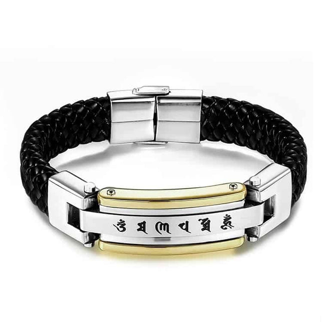 Bratara Barbati Piele Impletita Si Inox Cu Inscriptie Tibetana, Detalii Aurii, Catarama Magnetica, Accesoriu Masculin Modern