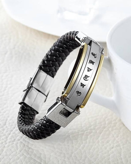 Bratara Barbati Piele Impletita Si Inox Cu Inscriptie Tibetana, Detalii Aurii, Catarama Magnetica, Accesoriu Masculin Modern