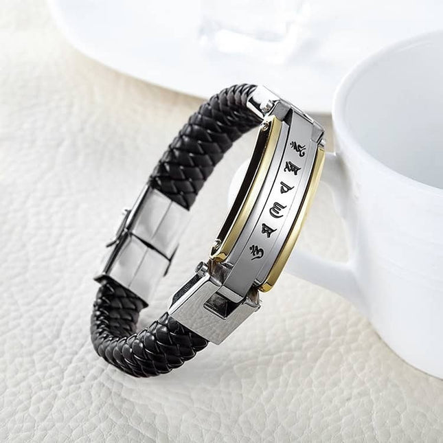 Bratara Barbati Piele Impletita Si Inox Cu Inscriptie Tibetana, Detalii Aurii, Catarama Magnetica, Accesoriu Masculin Modern