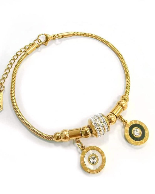 Bratara Din Inox Placat Cu Aur 18k, Cu Doua Pandantive Rotunde Negru Si Alb, Cu Cristale Zirconiu, Reglabila Pentru Femei, Stil Elegant Modern