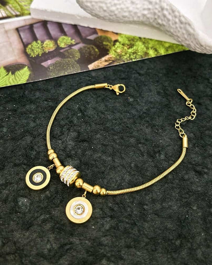 Bratara Din Inox Placat Cu Aur 18k, Cu Doua Pandantive Rotunde Negru Si Alb, Cu Cristale Zirconiu, Reglabila Pentru Femei, Stil Elegant Modern