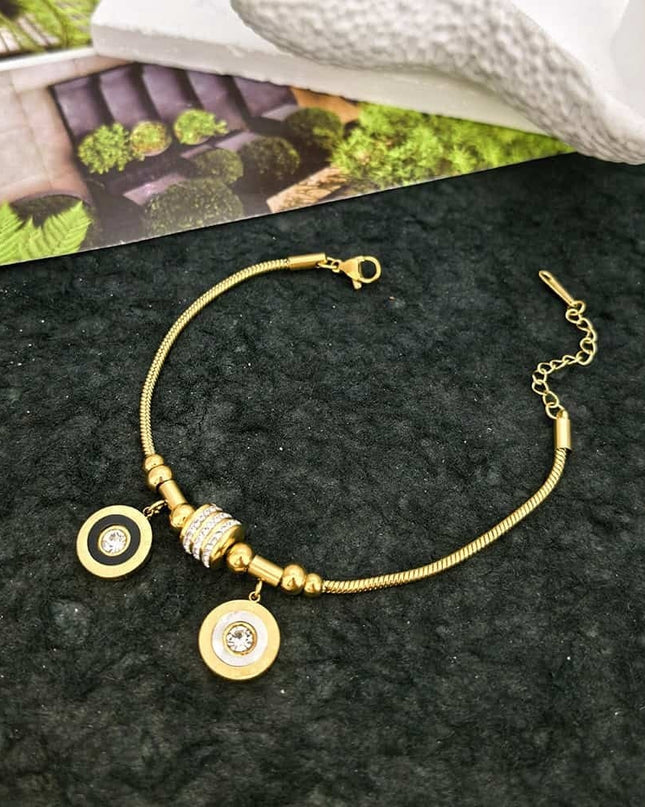 Bratara Din Inox Placat Cu Aur 18k, Cu Doua Pandantive Rotunde Negru Si Alb, Cu Cristale Zirconiu, Reglabila Pentru Femei, Stil Elegant Modern