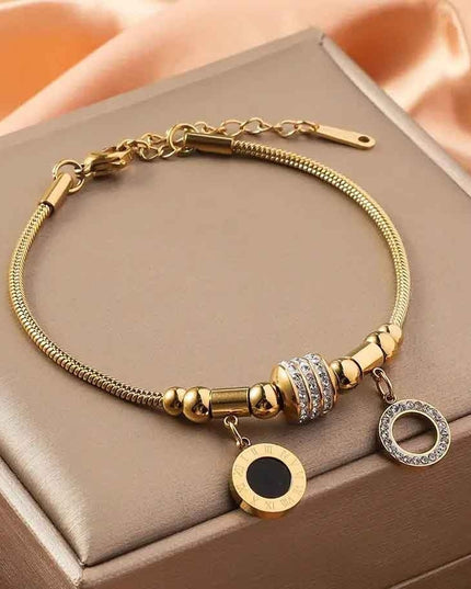 Bratara Eleganta Aurie Din Inox Pentru Femei, Placata Cu Aur 18k Si Rasina Neagra, Model Reglabil