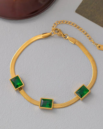 Bratara Eleganta Femei, Inox Placat Aur 14k, Cu Zirconiu Verde Stralucitor