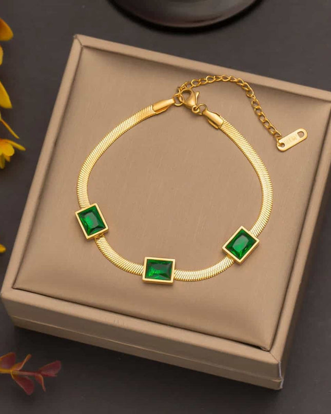 Bratara Eleganta Femei, Inox Placat Aur 14k, Cu Zirconiu Verde Stralucitor