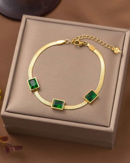 Bratara Eleganta Femei, Inox Placat Aur 14k, Cu Zirconiu Verde Stralucitor