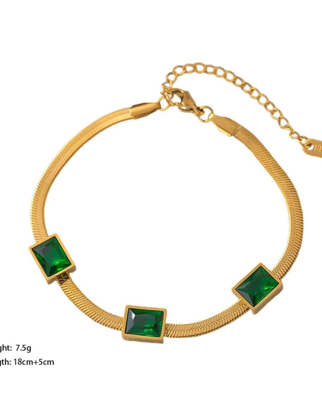 Bratara Eleganta Femei, Inox Placat Aur 14k, Cu Zirconiu Verde Stralucitor