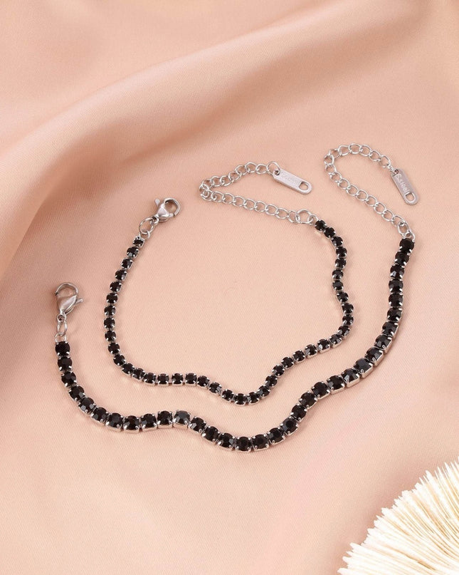 Bratara Femei Inox 316l Argintiu, Model Tenis Cu Pietre Zirconiu Negre, Reglabila 16-23 Cm, Bijuterie Eleganta, Accesoriu Fashion