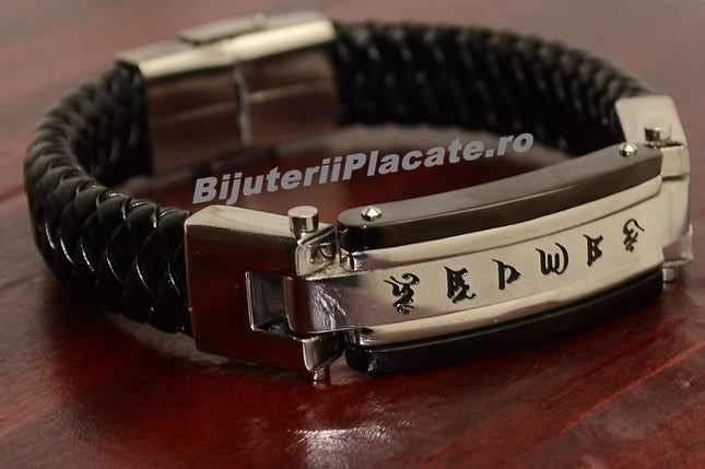 Bratara Solida Piele -chinese Letters- Inox