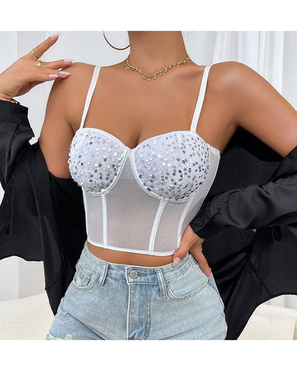Bustiera Corset Alba cu Paiete Argintii - Eleganță și Rafinament pentru Ocazii Speciale, Stil Sexy