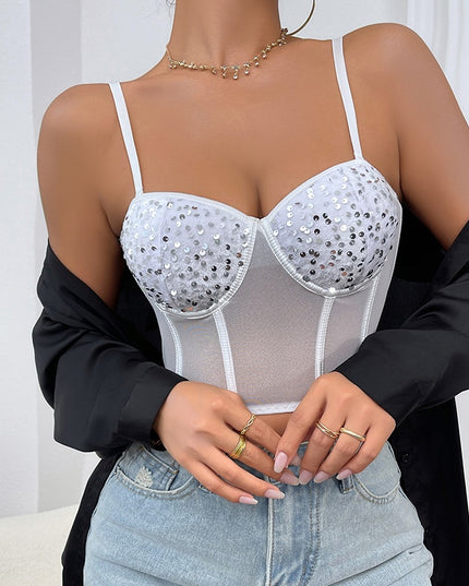 Bustiera Corset Alba cu Paiete Argintii - Eleganță și Rafinament pentru Ocazii Speciale, Stil Sexy