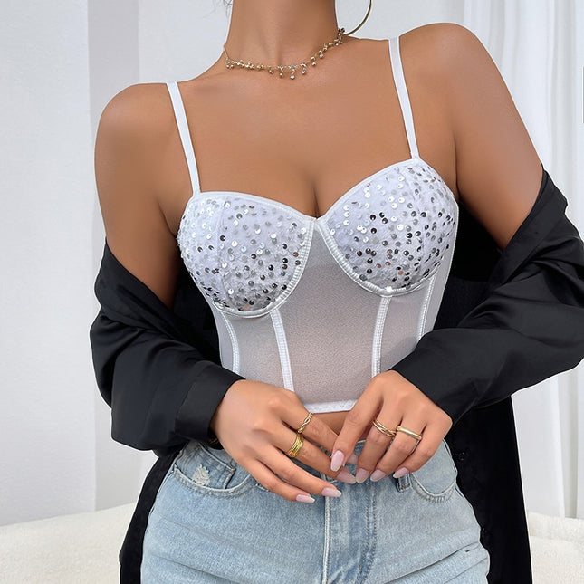 Bustiera Corset Alba cu Paiete Argintii - Eleganță și Rafinament pentru Ocazii Speciale, Stil Sexy