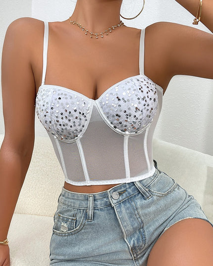 Bustiera Corset Alba cu Paiete Argintii - Eleganță și Rafinament pentru Ocazii Speciale, Stil Sexy