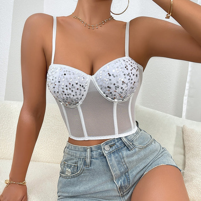 Bustiera Corset Alba cu Paiete Argintii - Eleganță și Rafinament pentru Ocazii Speciale, Stil Sexy