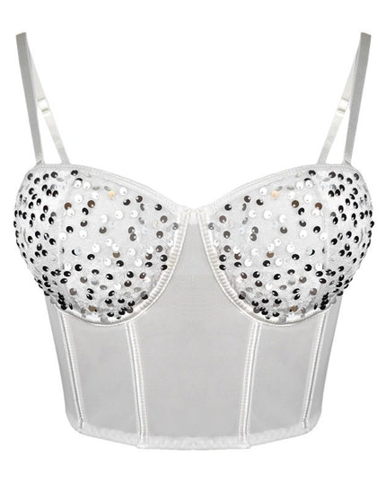Bustiera Corset Alba cu Paiete Argintii - Eleganță și Rafinament pentru Ocazii Speciale, Stil Sexy