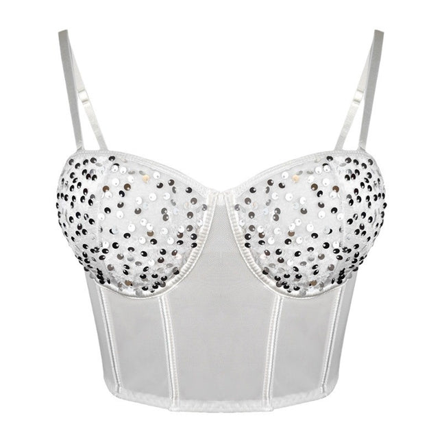 Bustiera Corset Alba cu Paiete Argintii - Eleganță și Rafinament pentru Ocazii Speciale, Stil Sexy