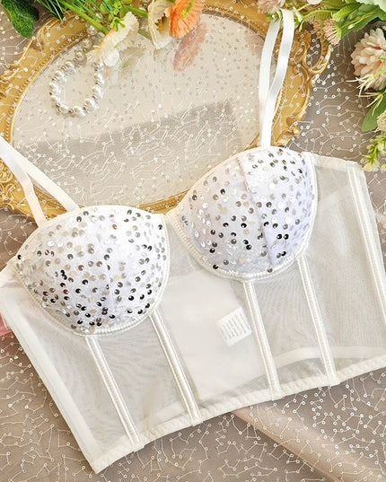 Bustiera Corset Alba cu Paiete Argintii - Eleganță și Rafinament pentru Ocazii Speciale, Stil Sexy