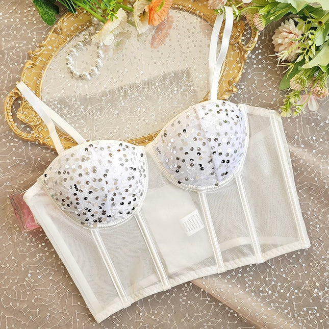 Bustiera Corset Alba cu Paiete Argintii - Eleganță și Rafinament pentru Ocazii Speciale, Stil Sexy