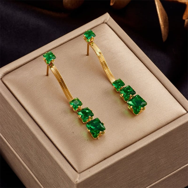 Cercei Din Inox Auriu Crystal Drop Verde