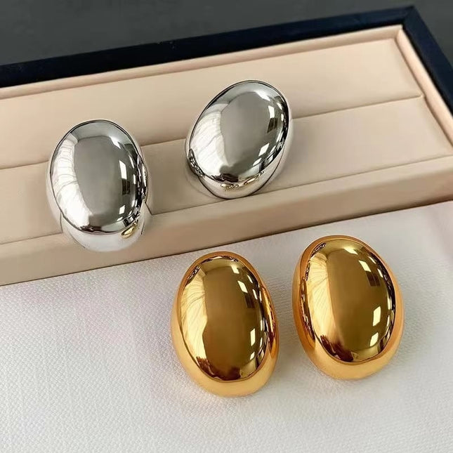 Cercei Din Inox Ovali Netezi ,model Mare, Auriu Si Argintiu Cu Surub Exagerat