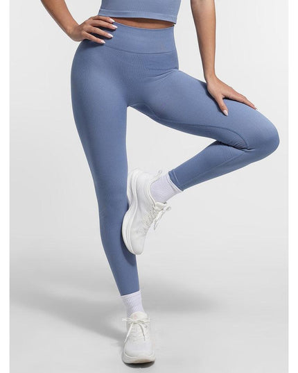 Colanți Albastri Seamless cu Talie Înaltă Dublă și Efect Peach Butt – Modelatori și Confortabili