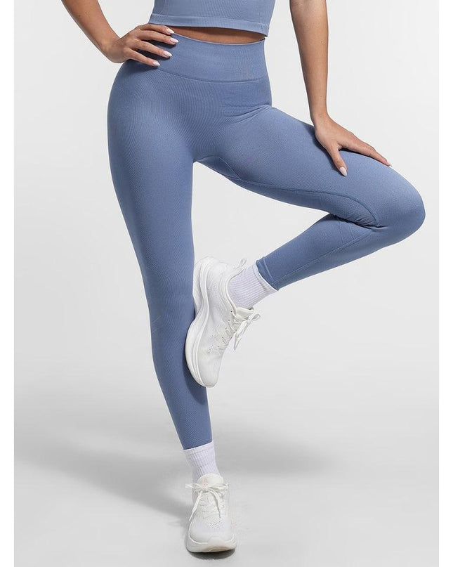 Colanți Albastri Seamless cu Talie Înaltă Dublă și Efect Peach Butt – Modelatori și Confortabili