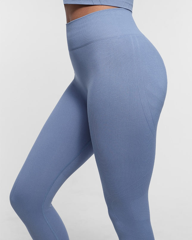 Colanți Albastri Seamless cu Talie Înaltă Dublă și Efect Peach Butt – Modelatori și Confortabili